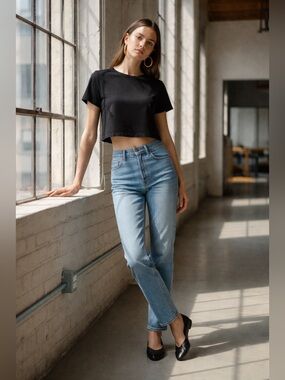 Zara Women’s Black Crewneck Short Sleeve Crop Tee size Large